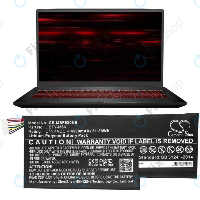 Battery for MSI GF63, MSI GF75, MSI GS63, 4500mAh, Li-Pol, 11.4V, BTY-M6K, HQ