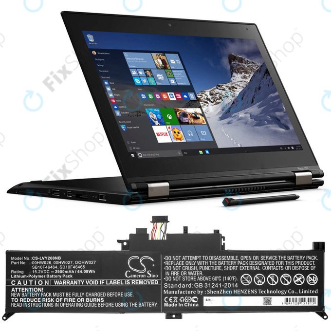 Battery for Lenovo ThinkPad Yoga 260, 2900mAh, Li-Ion, 15.2V, 00HW026, HQ