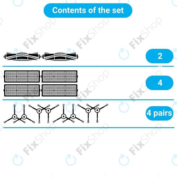Replacement set for iRobot Roomba Combo 1138, Ecovacs Deebot Ozmo 930 (2x Main brushes, 4x Filters, 4 pairs of Side brushes)