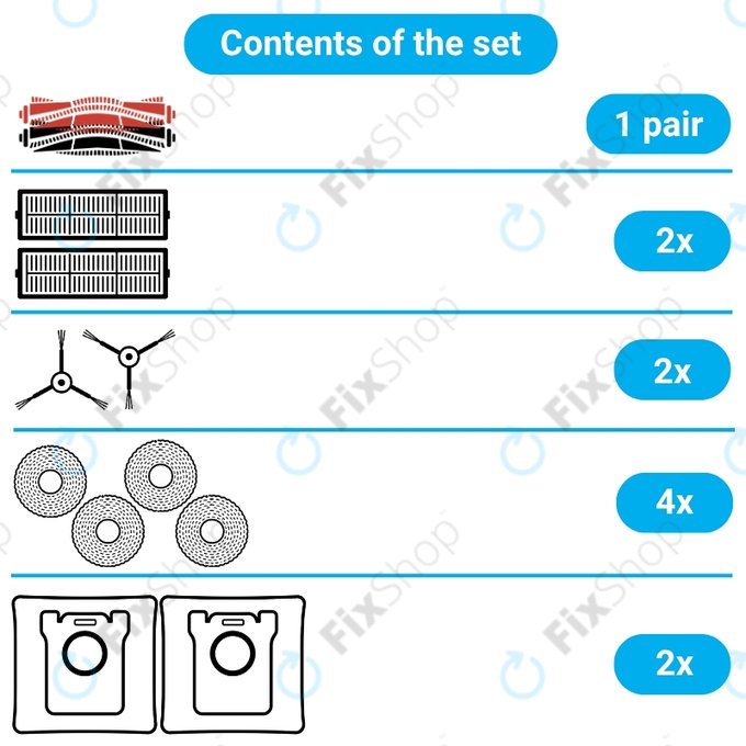 Replacement set for Dreame X50 Ultra, L50 Ultra, L40s Ultra, L40s Pro Ultra, X50 Master, Mova V50 (1 pair of Main brushes, 2x Filter, 2x Side brush, 4x Mop cloth, 2x Dust bag)
