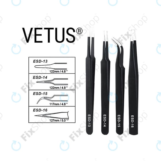 Vetus ESD-13 - Antistatic Metal Tweezer with Flat Tip (115mm)