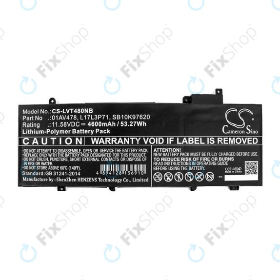 Battery for Lenovo ThinkPad T480S, 4600mAh, Li-Pol, 11.58V, 01AV478, HQ