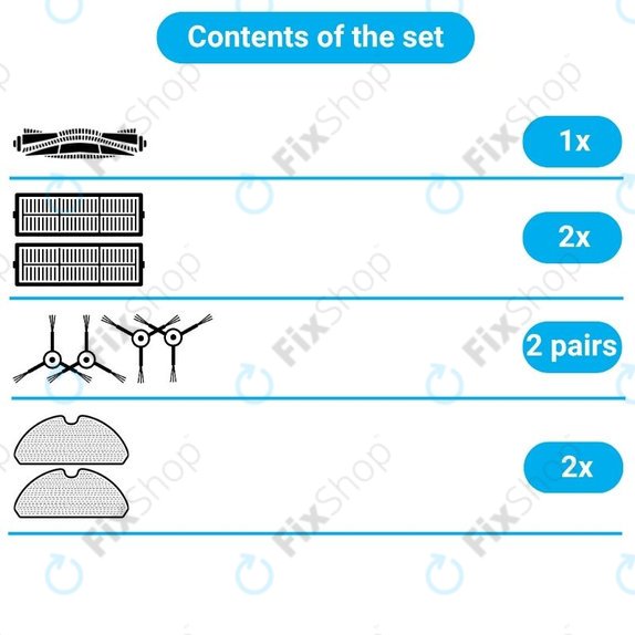 Replacement set for iRobot Roomba Combo 1138, Ecovacs Deebot Ozmo 930 (1x Main brush, 2x Filters, 2 pairs of Side brushes, 2x Mop cloths)