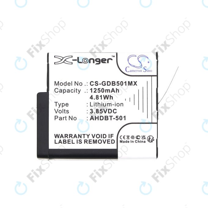 Battery for Gopro Hero 8, Hero 6, 1250mAh, Li-Ion, 3.85V, AHDBT-501, HQ