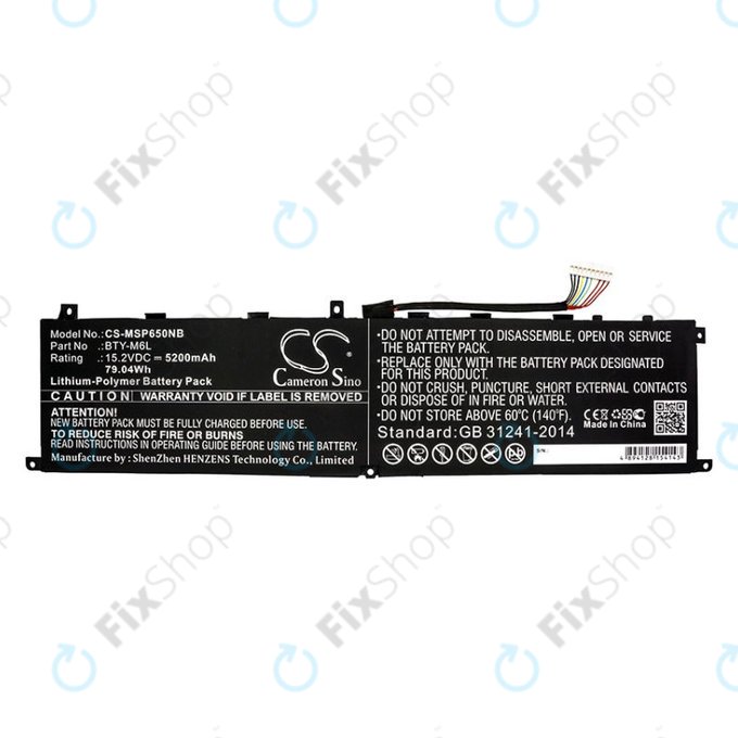 Battery for MSI GS65 Stealth Thin, PS63, P65 Creator 8RF, 5200mAh, Li-Pol, 15.2V, BTY-M6L, HQ