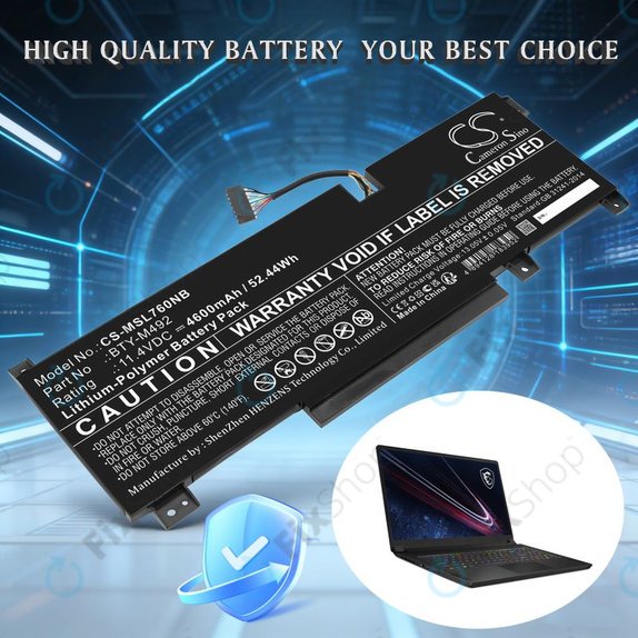 Battery for MSI Pulse GL76, Katana GF66, Bravo 15, Crosshair 17, 4600mAh, Li-Pol, 11.4V, BTY-M492, HQ