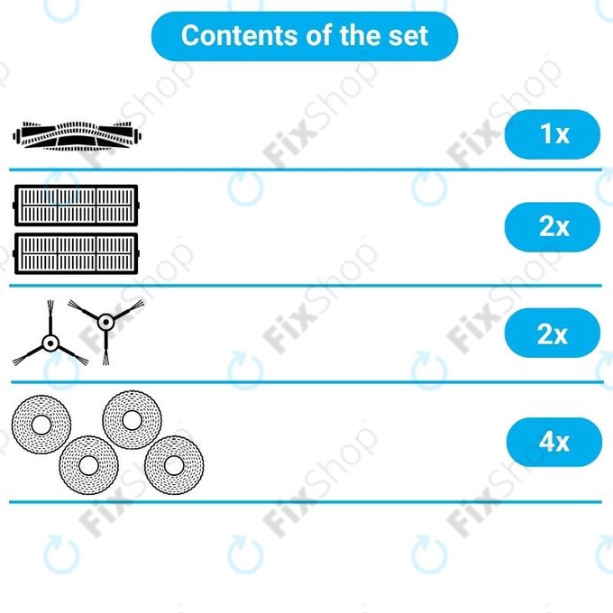 Replacement set for Xiaomi Dreame Bot W10, W10 Pro (1x Main brush, 2x Filters, 2x Side brushes, 2x Mop cloths)