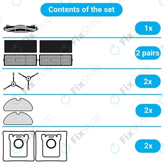 Replacement set for Xiaomi Viomi S9, Proscenic M7 Pro, M7 Max, M8 Pro (1x Main brush, 2x Filter, 2x Side brush, 2x Mop cloth, 2x Dust bag)