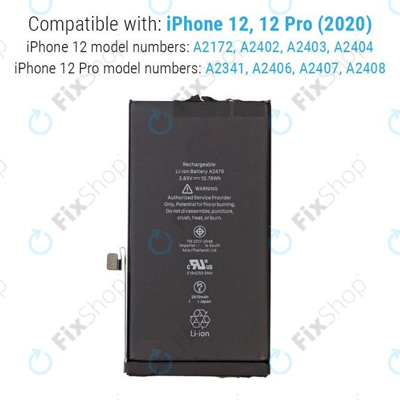 Battery for iPhone 12, 12 Pro, 2815mAh, FixPremium