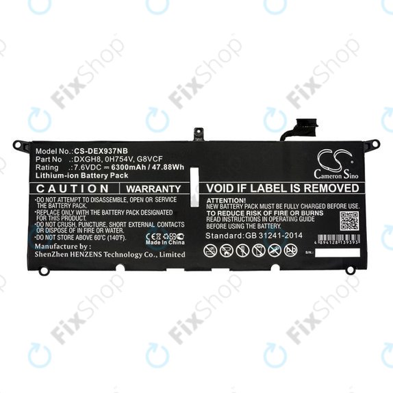 Battery for Dell XPS 13 9370, 6300mAh, Li-Ion, 7.6V, DXGH8, HQ