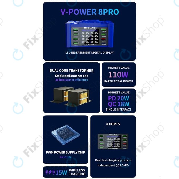 Mechanic V-Power 8 Pro - USB Charging Station with USB-C, USB 3.0