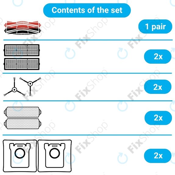 Replacement set for Dreame Aqua 10, 10 Ultra (1 pair of Main brushes, 2x Filter, 2x Side brush, 2x Mop cloth, 2x Dust bag)