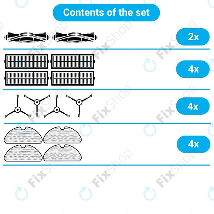 Replacement set for Xiaomi Roborock S7, S7 MaxV Ultra (2x Main brush, 4x Filter, 4x Side brush - Black, 4x Mop cloth)