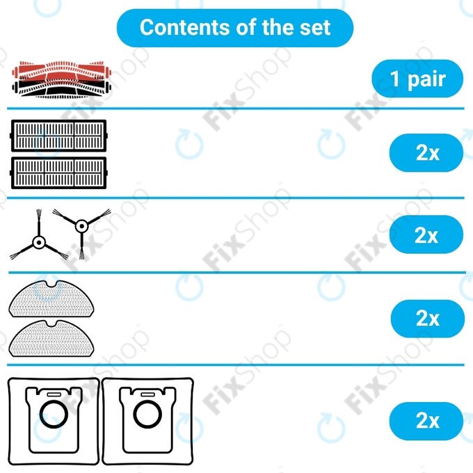 Replacement set for Xiaomi Roborock S8, S8+, S8 Pro Ultra (1 pair of Main brushes, 2x Filter, 2x Side brush - Black, 2x Mop cloth, 2x Dust bag)