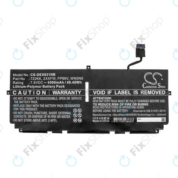 Battery for Dell XPS 13 9300, 9380, 9310, 6500mAh, Li-Pol, 7.6V, 2XXFW, HQ