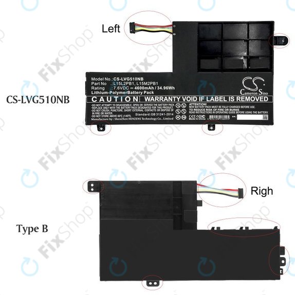 Battery for Lenovo Yoga 510 14, Yoga 510 15, 4600mAh, Li-Pol, 7.6V, L15L2PB1, HQ