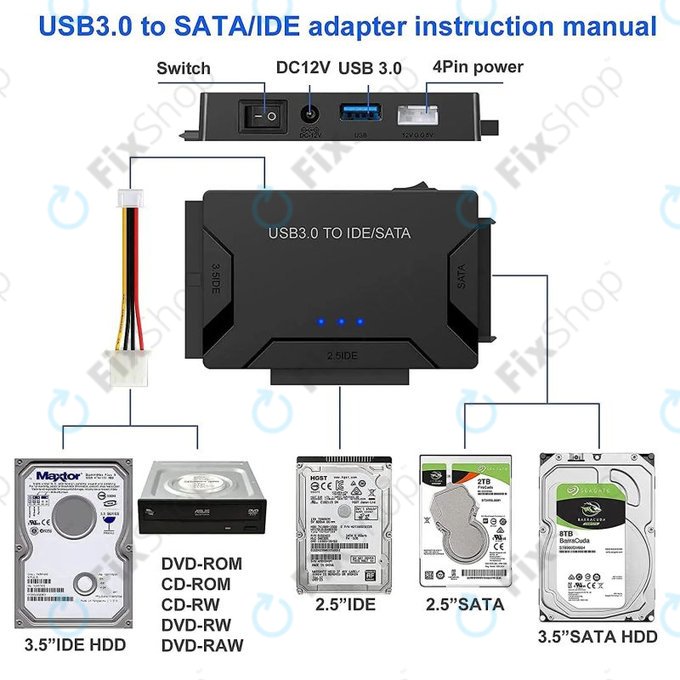 USB 3.0 to SATA / IDE adapter for 2.5" and 3.5" HDD/SSD and optical drives