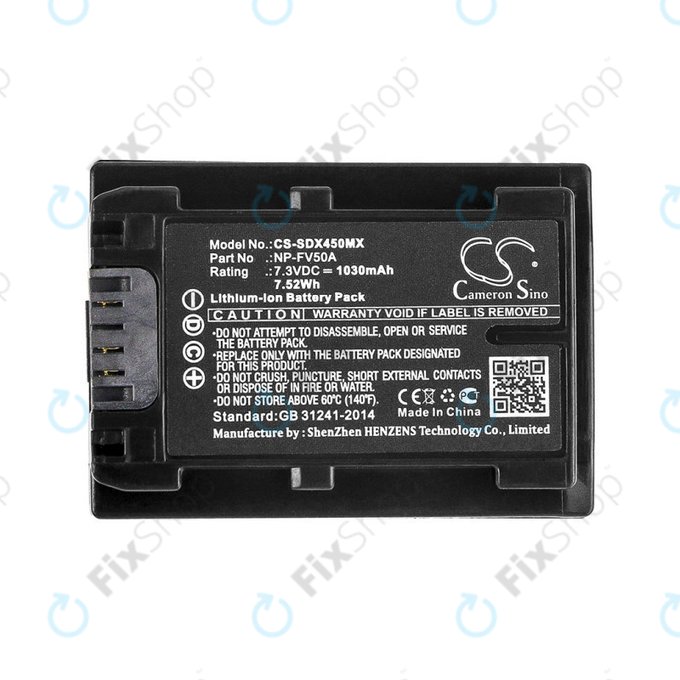 Battery for Sony FDR-AX33, 40, 45, 53, 60, 700, P33, HDR-CX450, 625, 1030mAh, Li-Ion, 7.3V, NP-FV50A, HQ