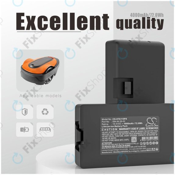 Battery for Flymo Easilife 200, Gardena Automower 310, Husqvarna Automower 315X, 4000mAh, Li-Ion, 18.0V, 584 84 28-02, HQ