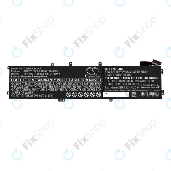 Battery for Dell XPS 15, Dell Precision 9560, 9570, 8000mAh, Li-Pol, 11.4V, 6GTPY, HQ