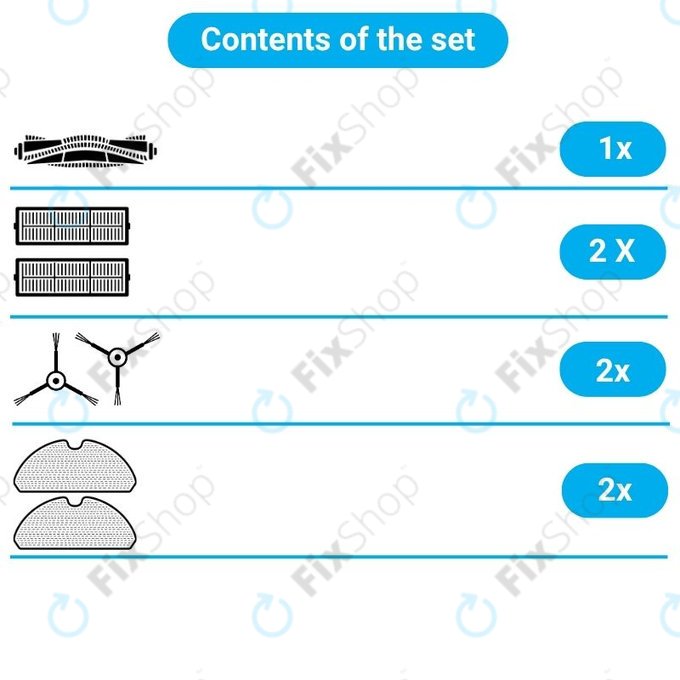Replacement set for Xiaomi Dreame Bot L10 Pro, D9, D9 Pro, D9 Max, Trouver LDS (1x Main brush, 2x Filters, 2x Side brushes, 2x Mop cloths)