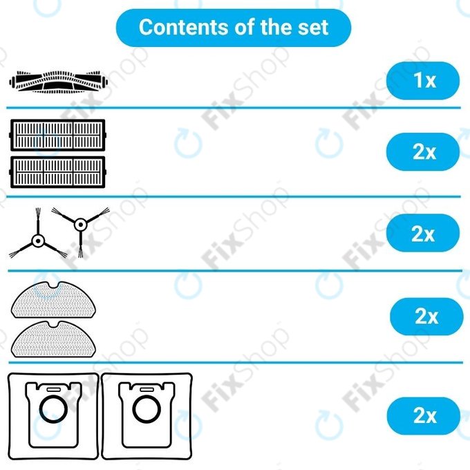 Replacement set for Xiaomi Viomi Alpha 2 PRO, V5 PRO, V5 (1x Main brush, 2x Filters, 2x Side brushes, 2x Mop cloths, 2x Dust bags)