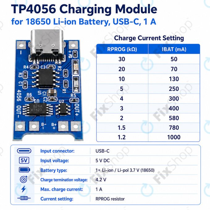 Charging module TP4056 for 18650 Li-ion battery, USB-C, 1A