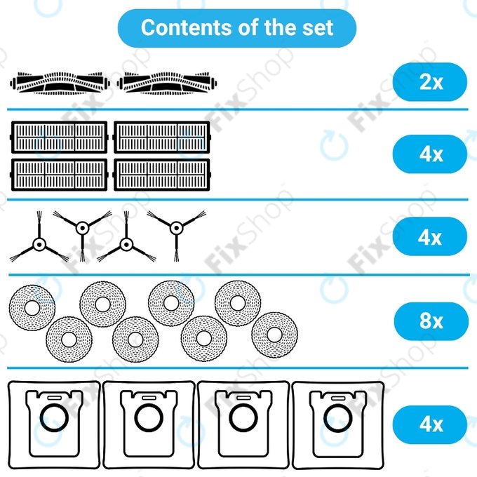 Replacement set for Xiaomi Dreame L10s Ultra, Xiaomi Dreame L10s Pro (2x Main brush, 4x Filter, 4x Side brush, 8x Mop cloth, 4x Dust bag)