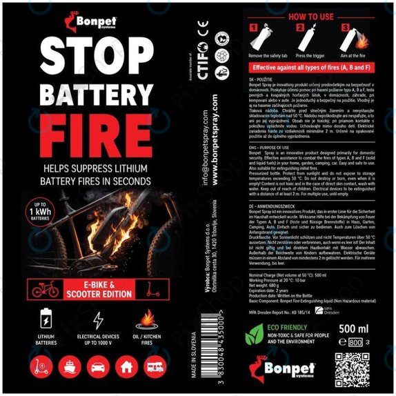 Bonpet Fire Extinguishing Spray for Lithium Batteries, 500 ml, E-Bike & Scooter Edition