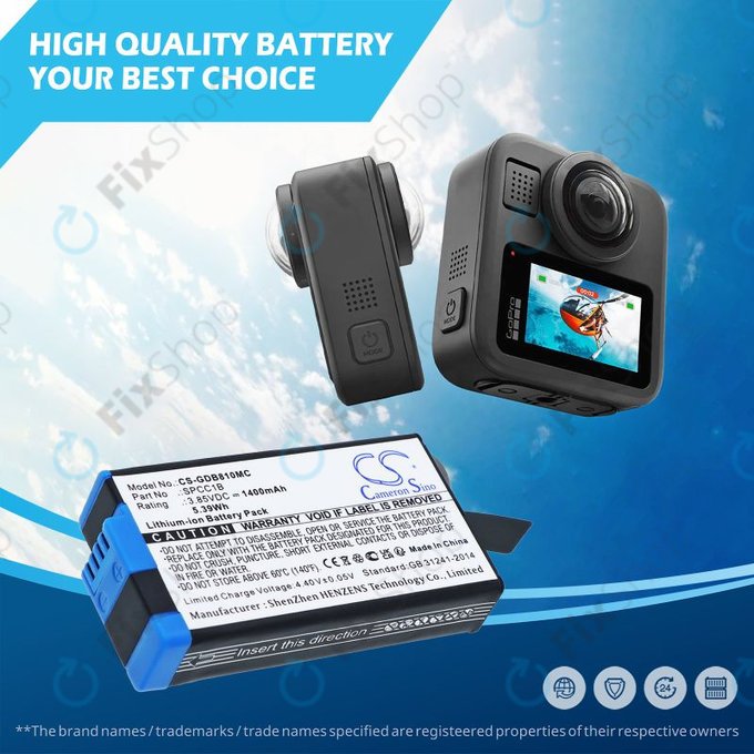 Battery for GoPro Max, Max 360, Acbat-001, 1400mAh, Li-Ion, 3.85V, SPCC1B, HQ