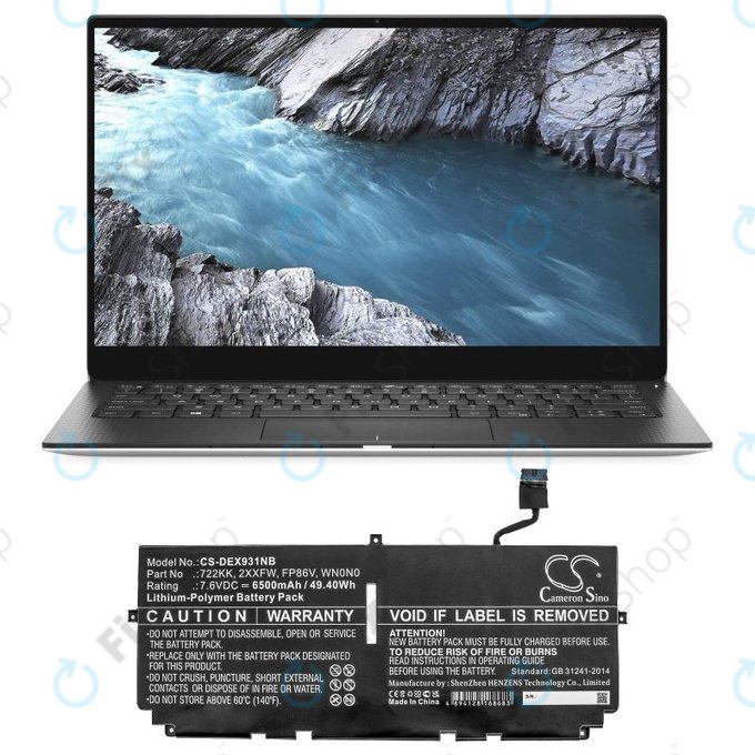 Battery for Dell XPS 13 9300, 9380, 9310, 6500mAh, Li-Pol, 7.6V, 2XXFW, HQ