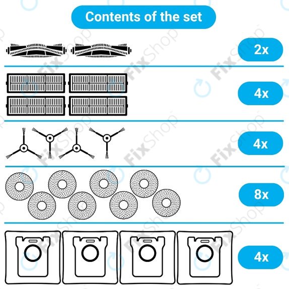 Replacement set for Ecovacs Deebot T30C Omni (2x Main brush, 4x Filter, 4x Side brush, 8x Mop cloth, 4x Dust bag)
