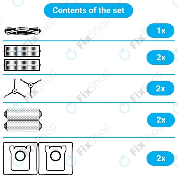 Replacement set for Ecovacs Deebot X11 Pro, X11 (1x Main brush, 2x Filter, 2x Side brush, 2x Mop cloth, 2x Dust bag)