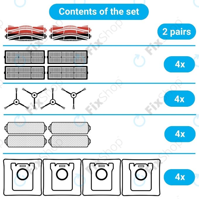 Replacement set for Mova Z60 Ultra Roller (2 pairs of Main brushes, 4x Filter, 4x Side brush, 4x Mop cloth, 4x Dust bag)