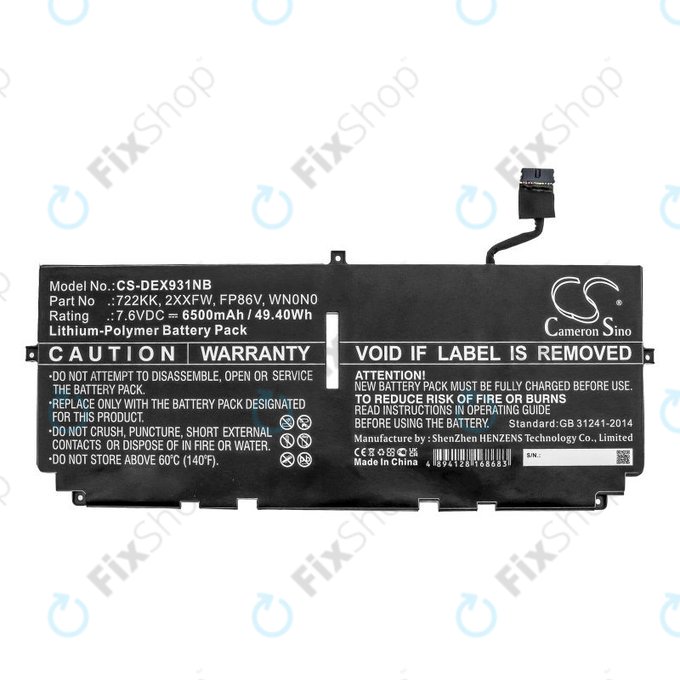 Battery for Dell XPS 13 9300, 9380, 9310, 6500mAh, Li-Pol, 7.6V, 2XXFW, HQ
