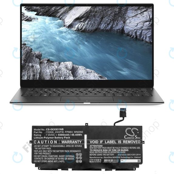 Battery for Dell XPS 13 9300, 9380, 9310, 6500mAh, Li-Pol, 7.6V, 2XXFW, HQ