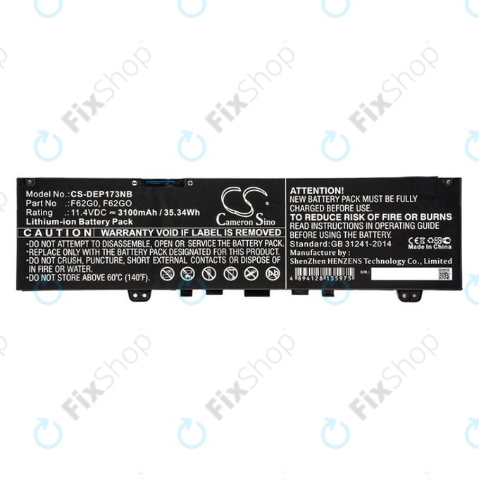 Battery for Dell Inspiron 13, 7373, Vostro 13, 3100mAh, Li-Ion, 11.4V, F62G0, HQ
