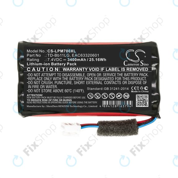 Battery for LG Music Flow P7, Xboom Go PK7, 3400mAh, Li-Ion, 7.4V, TD-Bb11LG, HQ