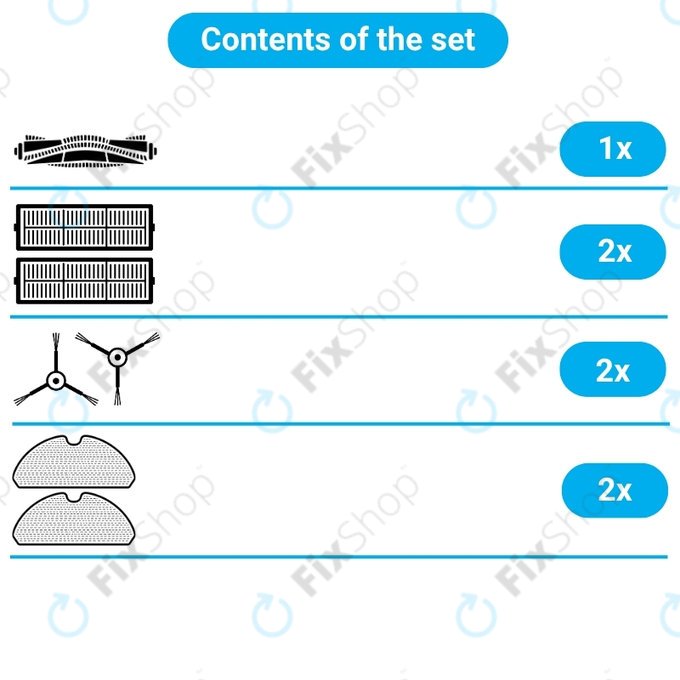 Replacement set for Xiaomi Roborock S7, S7 MaxV Ultra (1x Main brush, 2x Filter, 2x Side brush - Black, 2x Mop cloth)