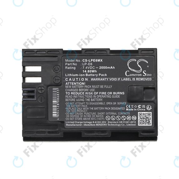 Battery for Canon EOS 5D Mark II, EOS 7D, EOS 70D, 2000mAh, Li-Ion, 7.4V, LP-E6, HQ