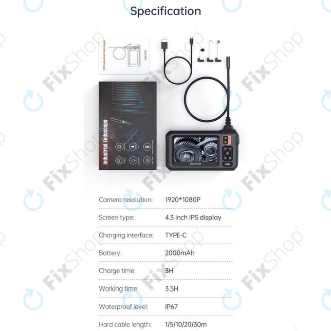 Industrial endoscope camera with 4.3" IPS display, 10m