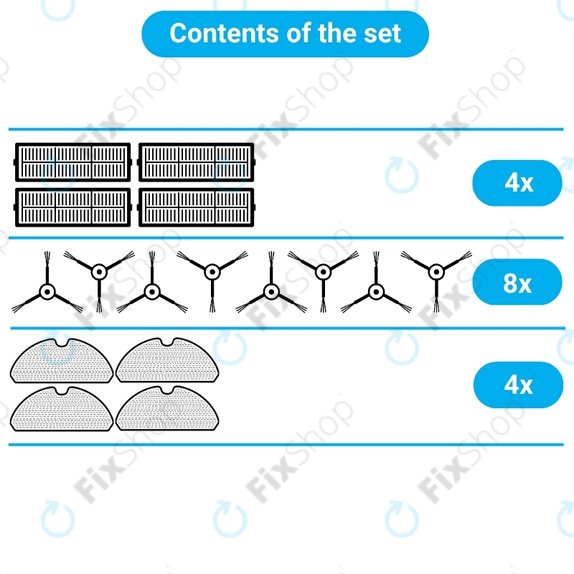 Replacement set for Xiaomi Robot Vacuum E5 (4x Filter, 8x Side brush, 4x Mop cloth)