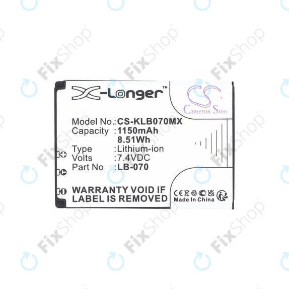 Battery for Kodak PIXPRO S1, AZ651, AZ652, AZ901, 1150mAh, Li-Ion, 7.4V, LB-070, HQ