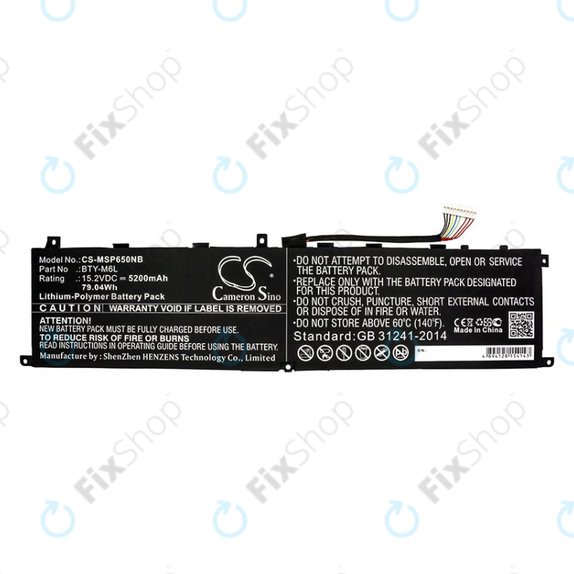 Battery for MSI GS65 Stealth Thin, PS63, P65 Creator 8RF, 5200mAh, Li-Pol, 15.2V, BTY-M6L, HQ