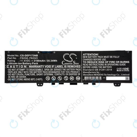 Battery for Dell Inspiron 13, 7373, Vostro 13, 3100mAh, Li-Ion, 11.4V, F62G0, HQ