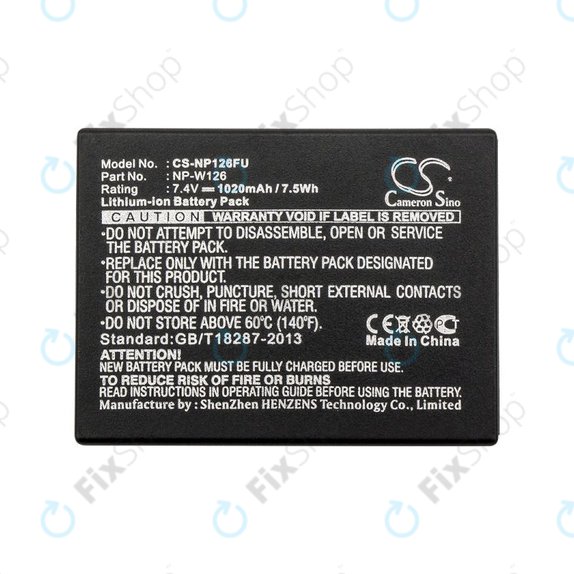 Battery for Fujifilm FinePix, 1020mAh, Li-Ion, 7.4V, NP-W126, NP-W126S, HQ