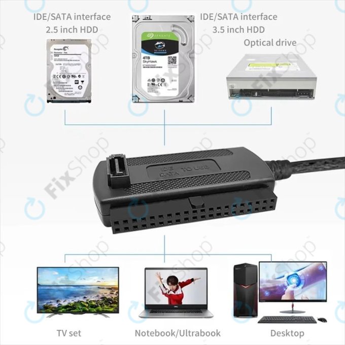 USB 2.0 to IDE / SATA Adapter for 2.5" and 3.5" HDD/SSD, with EU Power Supply