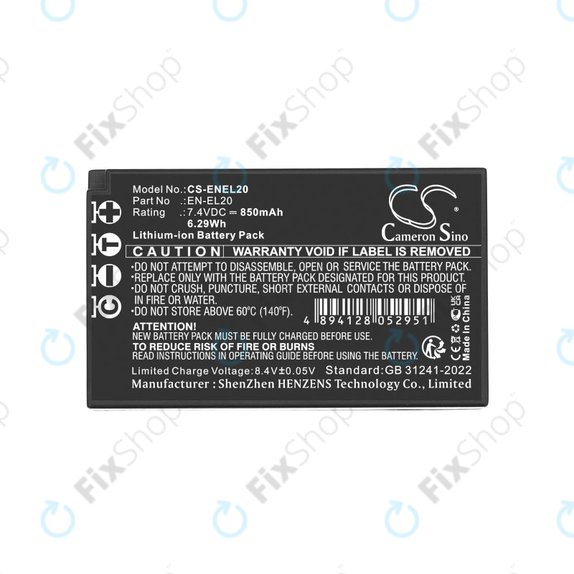 Battery for Nikon Coolpix A, 850mAh, Li-Ion, 7.4V, EN-EL20, HQ