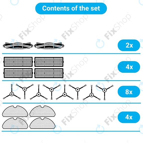 Replacement set for Tesla IQ400, IQ400 Plus, Sencor 6485BK (2x Main brush, 4x Filter, 8x Side brush, 4x Mop cloth, 4x Dust bag)