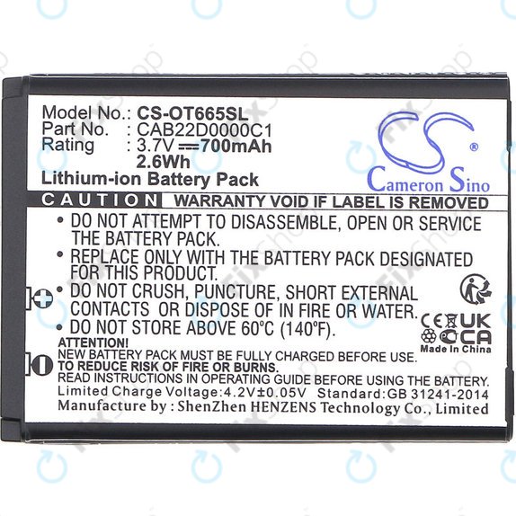 Battery for Alcatel One Touch 2010D, 700mAh, Li-ion, 3.7V, CAB22D0000C1, HQ